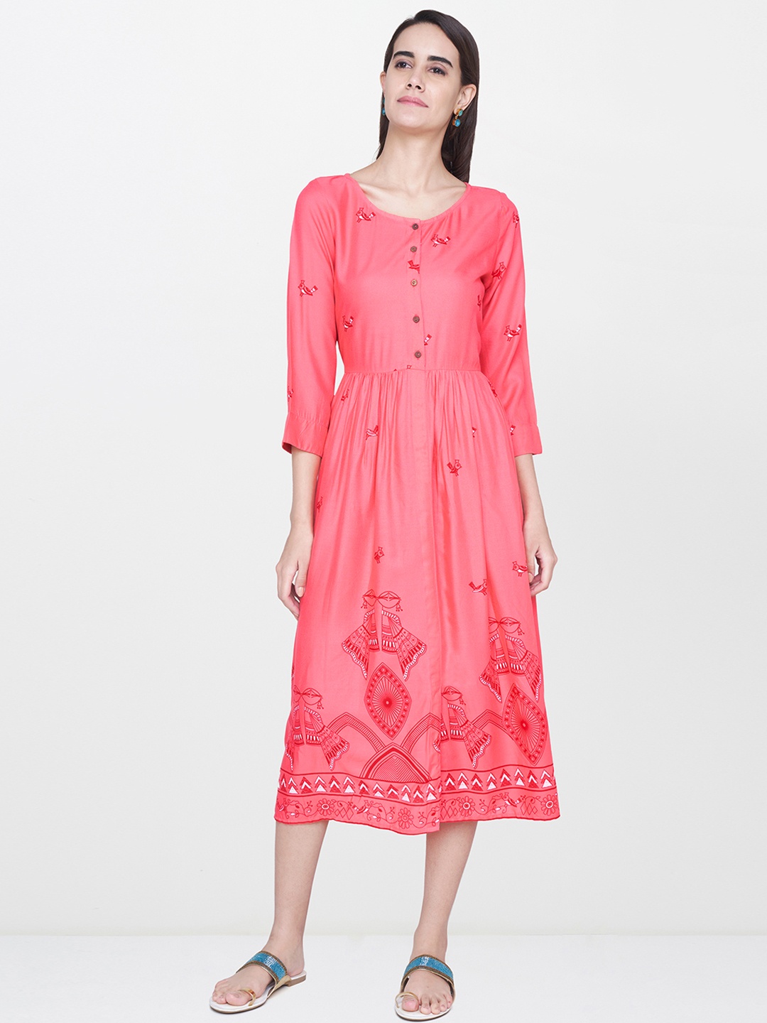 

Global Desi Women Pink Printed Empire Midi Dress