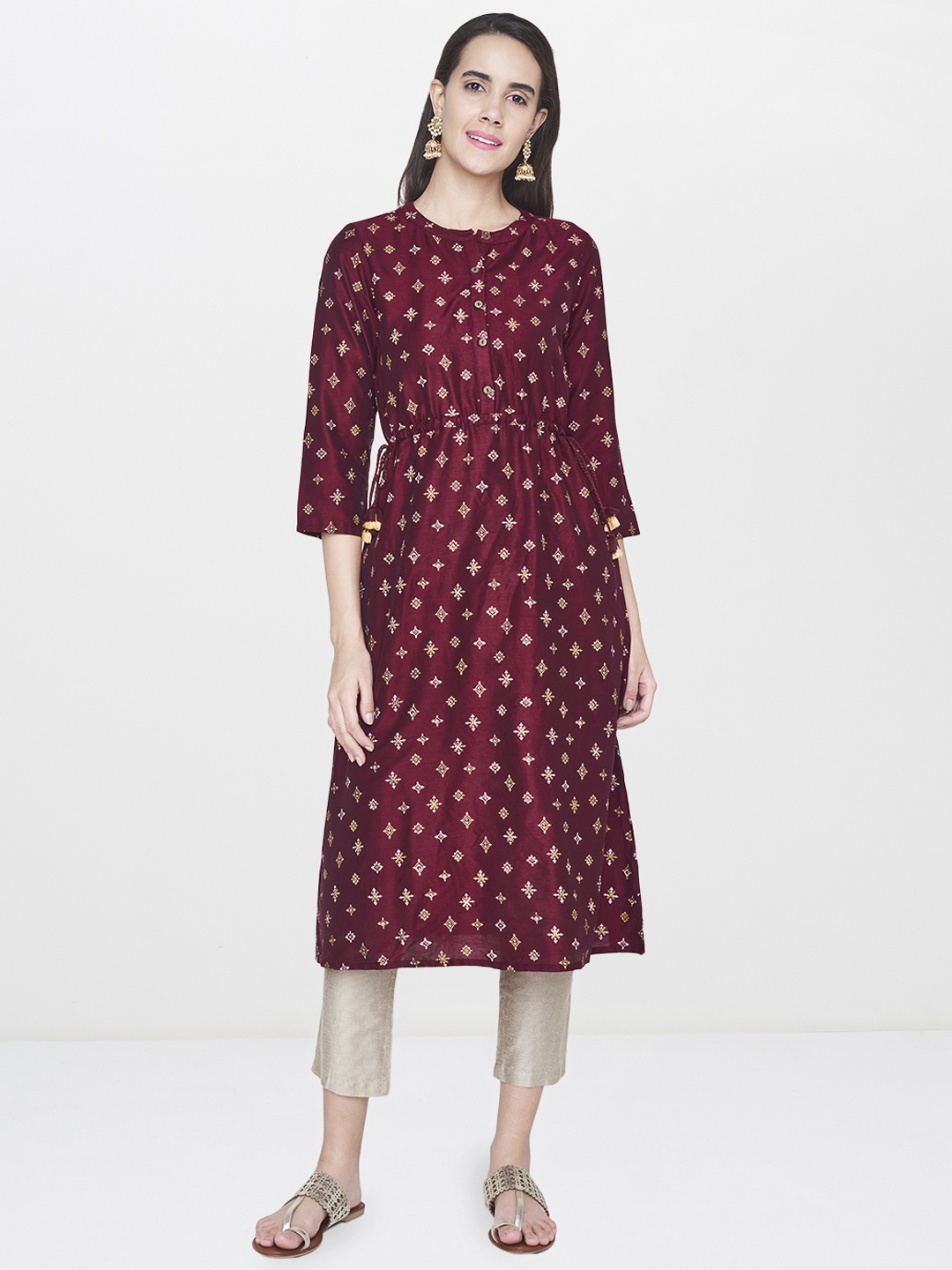 

Global Desi Women Maroon Printed A-Line Kurta with Waist Tie-Ups