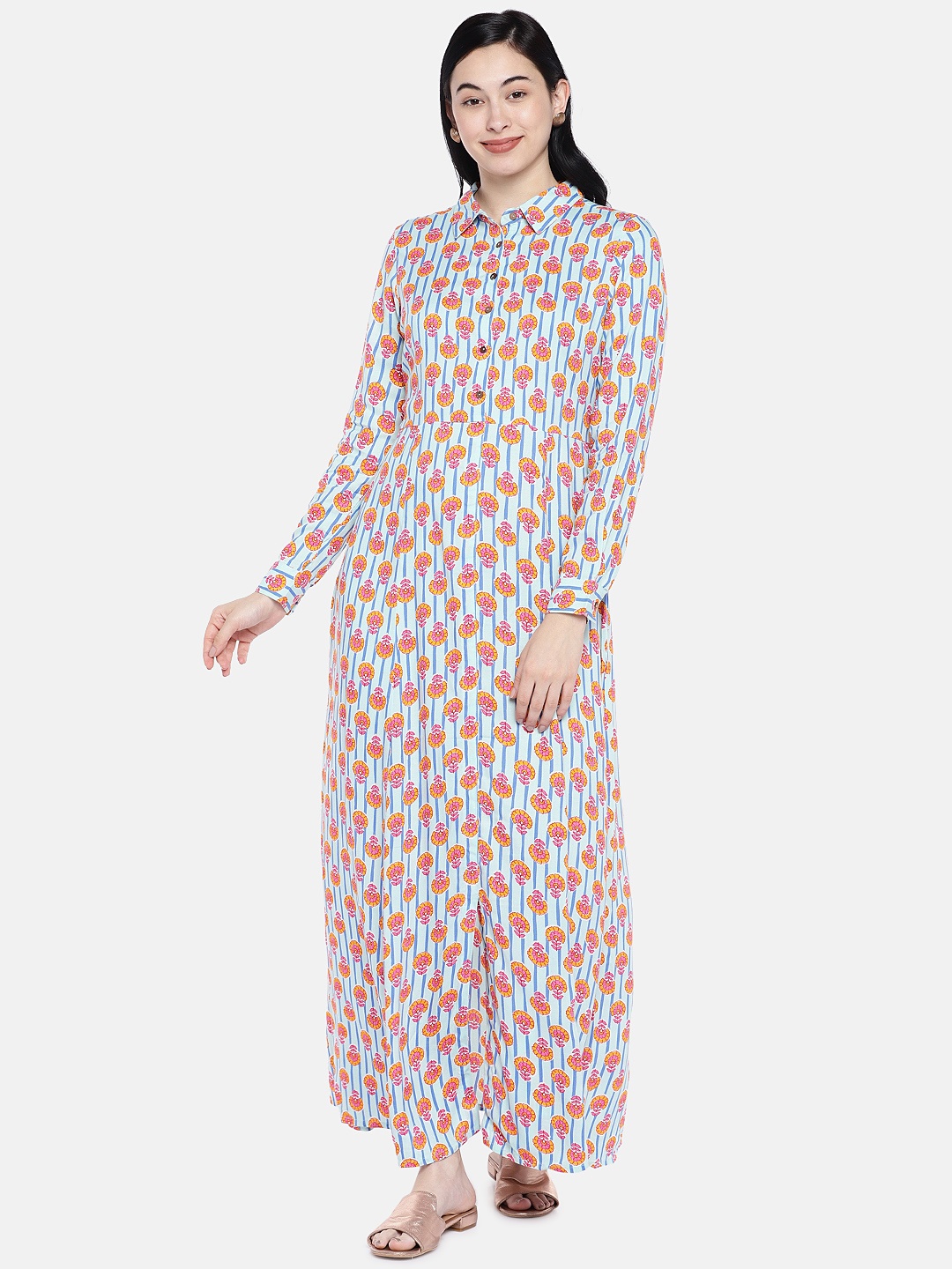 

Global Desi Women Blue & Pink Printed Maxi Dress