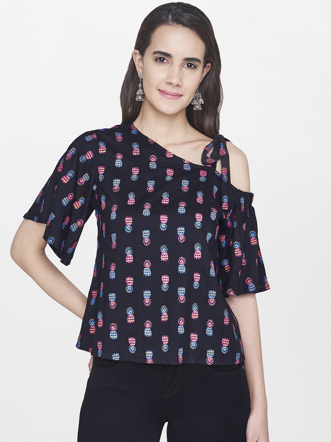 

Global Desi Women Black Printed One-Shoulder Top