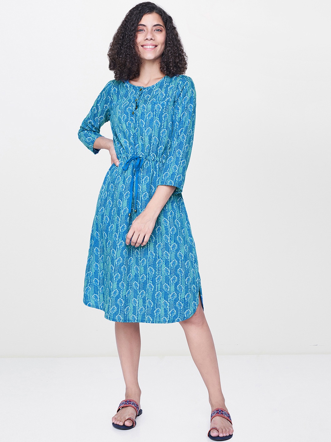 

Global Desi Women Blue Printed Fit & Flare Dress