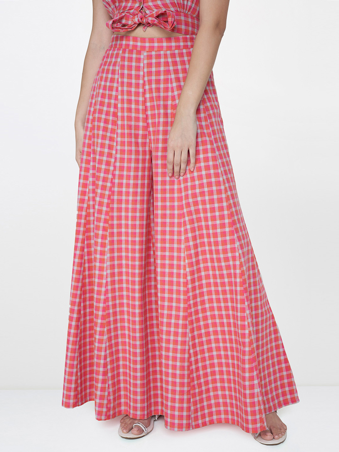 

Global Desi Women Pink & Grey Checked High-Rise Flared Palazzos