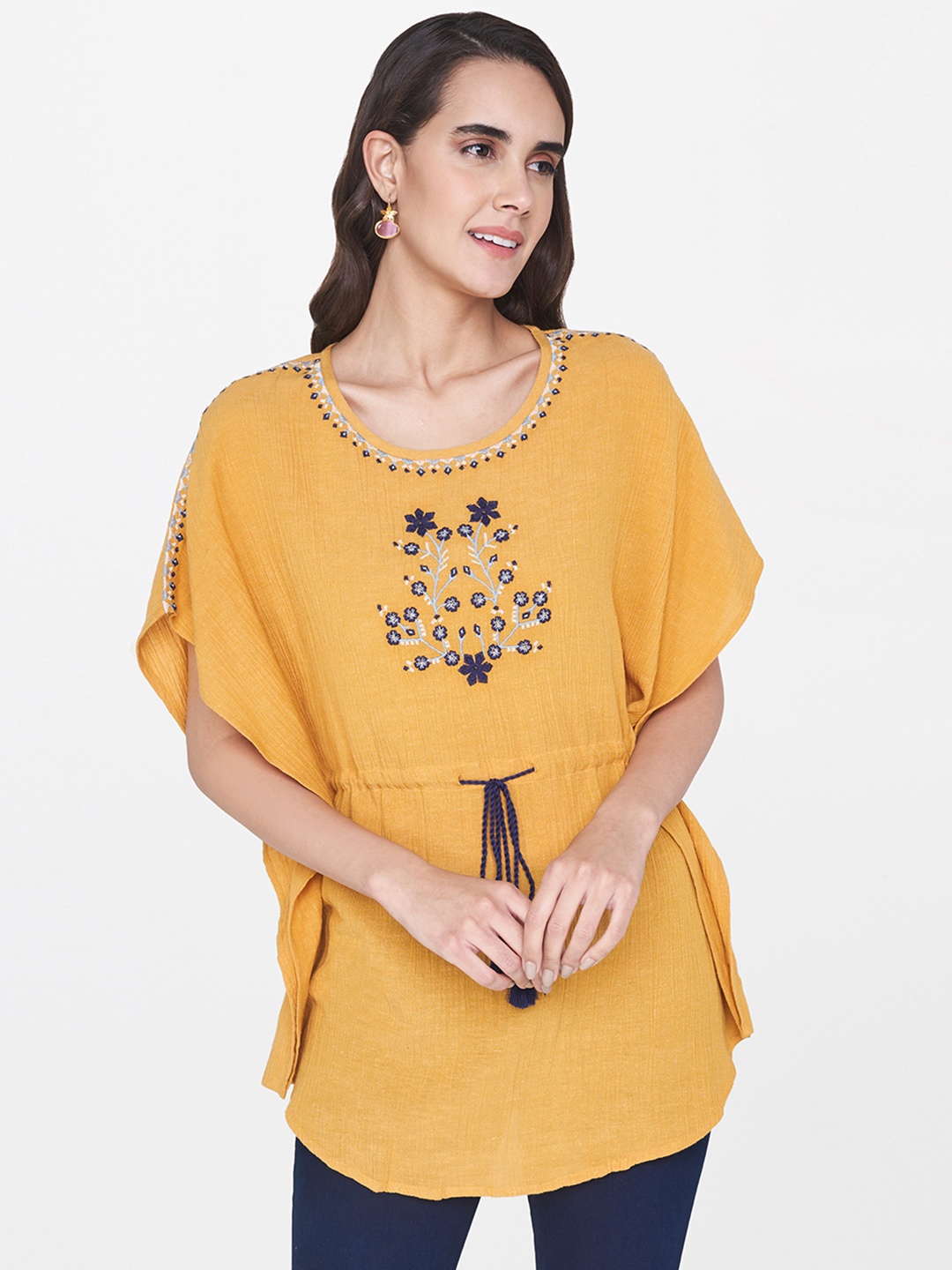 

Global Desi Women Mustard Yellow Embroidered Kaftan Longline Top