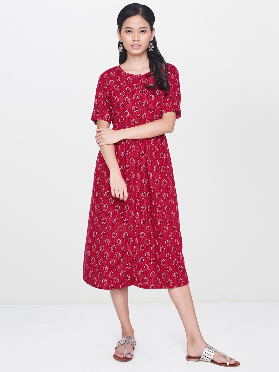 

Global Desi Women Red Printed A-Line Ethnic Dress