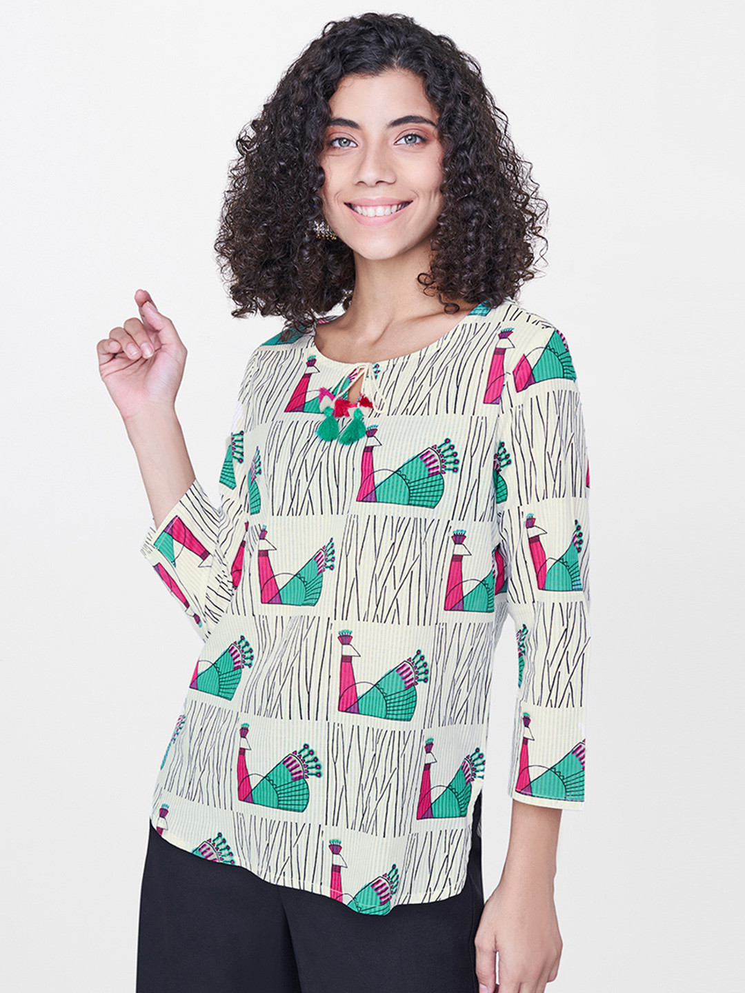 

Global Desi Women Off-White Printed Pure Cotton Top