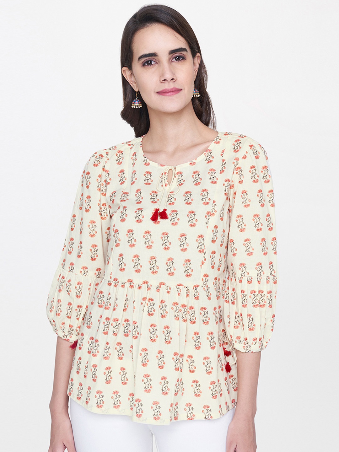 

Global Desi Women Off-White Printed Pure Cotton Top