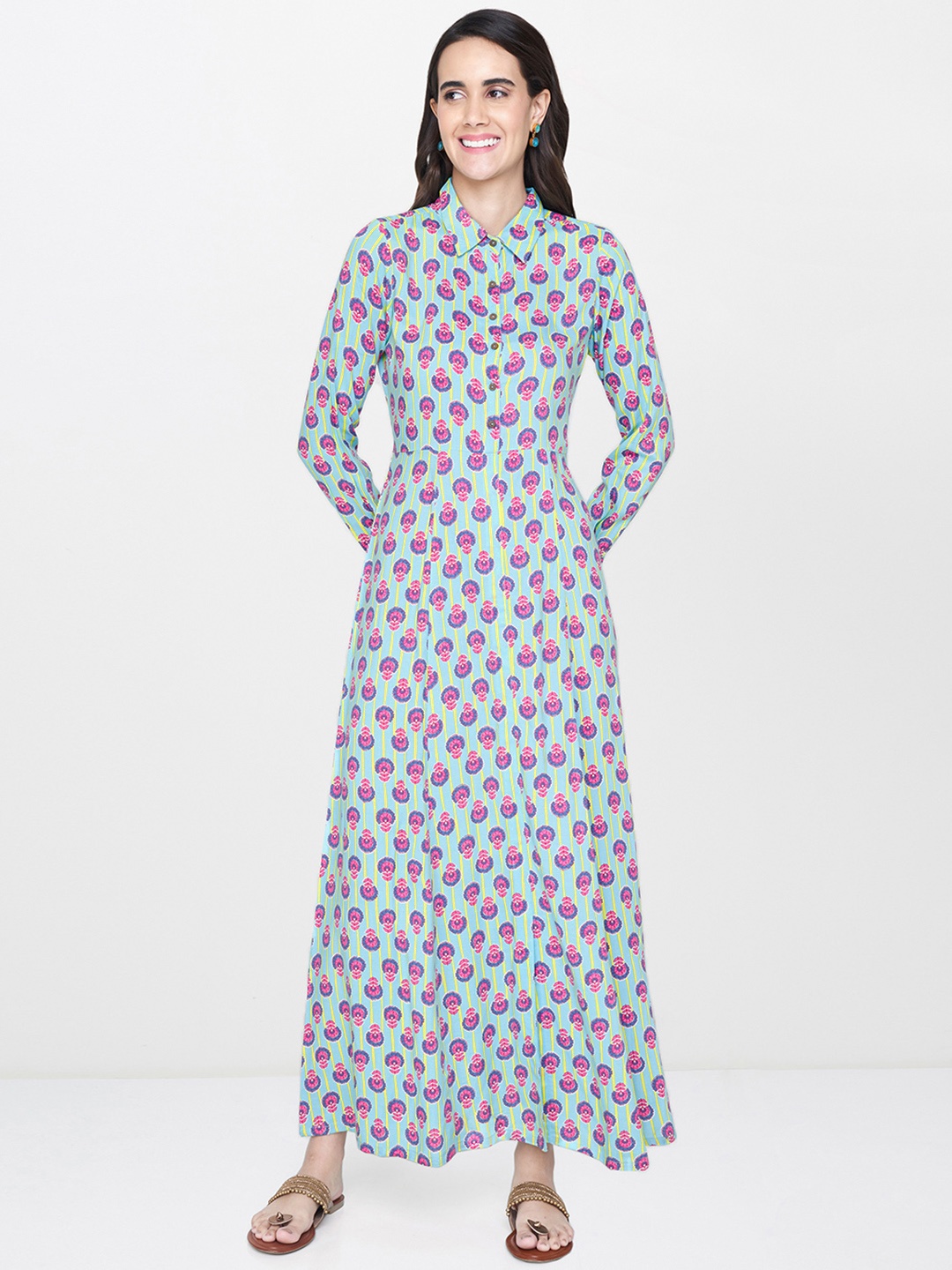 

Global Desi Women Blue Printed Maxi Dress