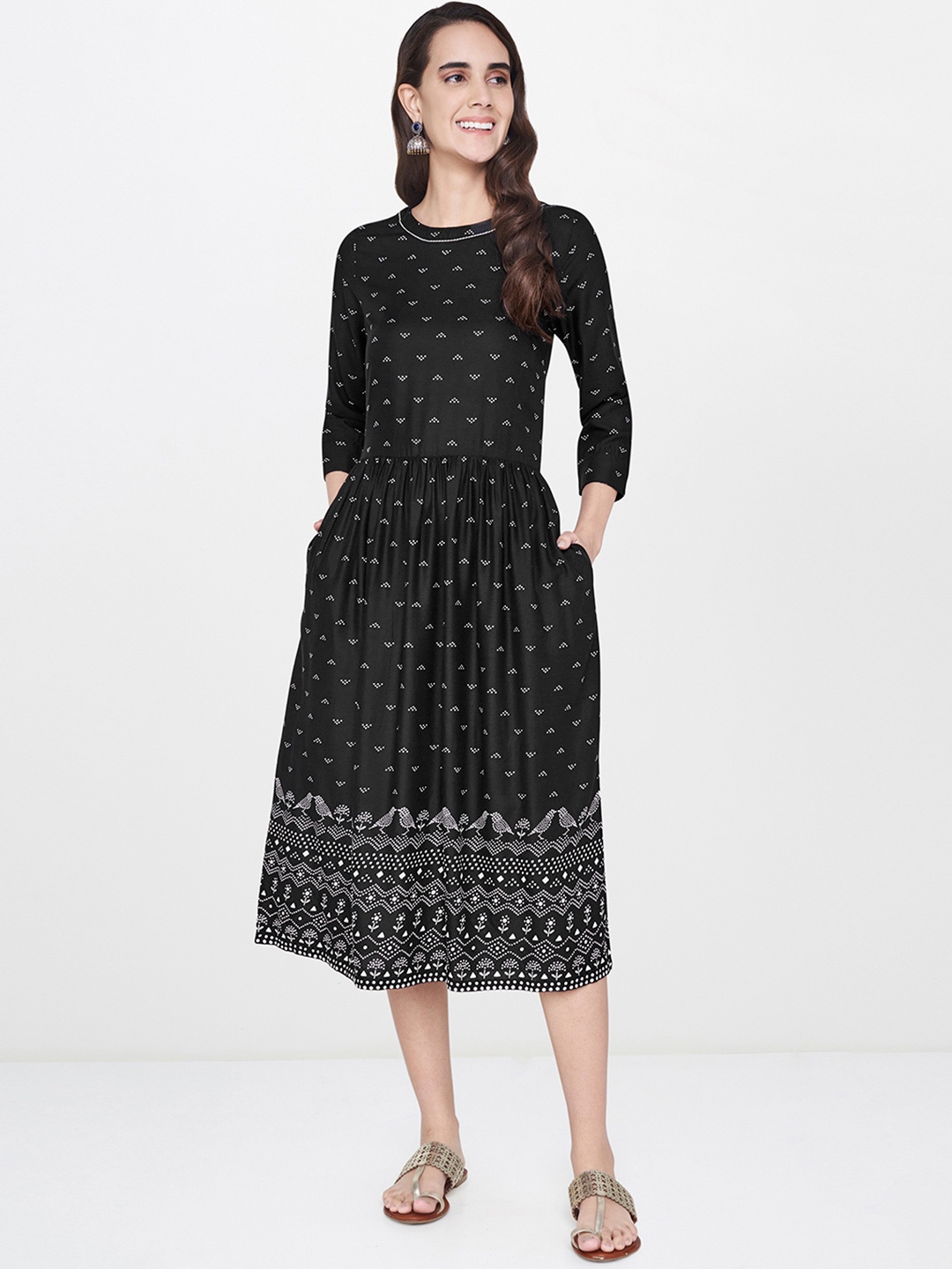 

Global Desi Women Black Printed A-Line Midi Dress