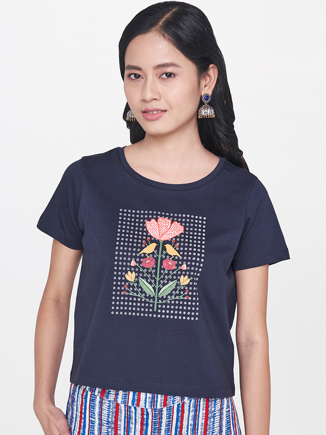 

Global Desi Women Navy Blue Printed Round Neck Pure Cotton T-shirt