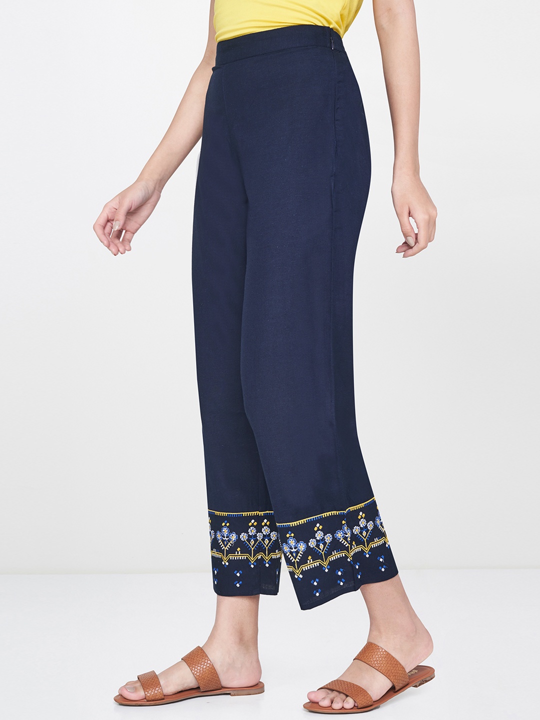 

Global Desi Women Navy Blue Regular Fit Embroidered Cropped Regular Trousers
