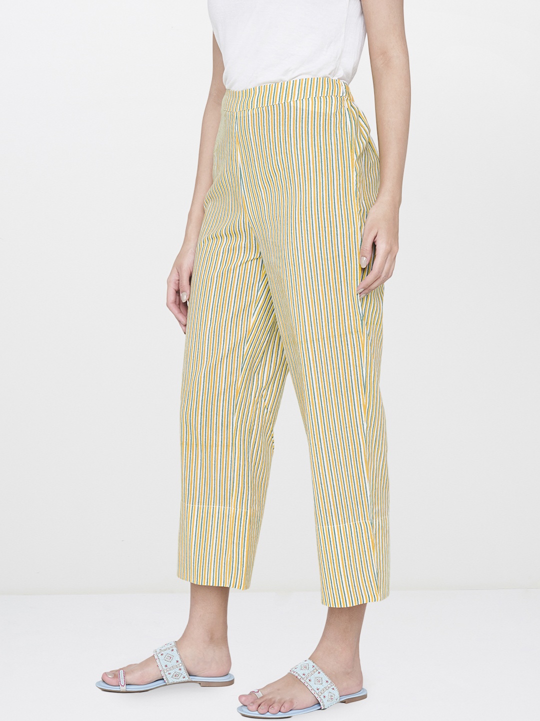 

Global Desi Women Green, Blue & Yellow Regular Fit Striped Cropped Regular Trousers