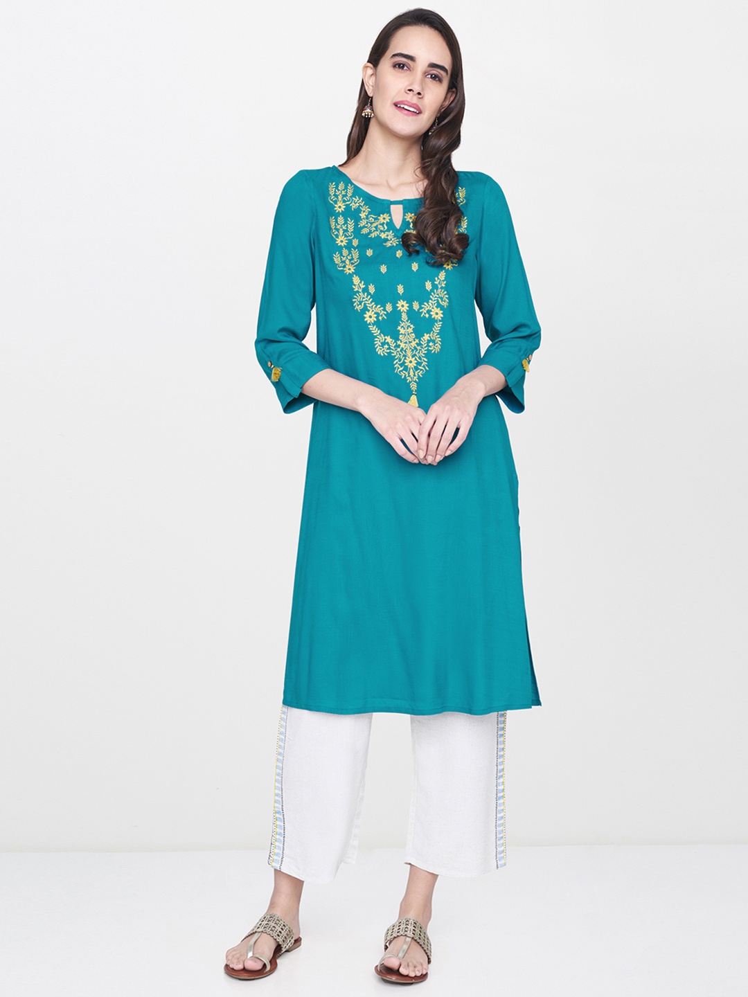 

Global Desi Women Teal Blue Embroidered Straight Kurta
