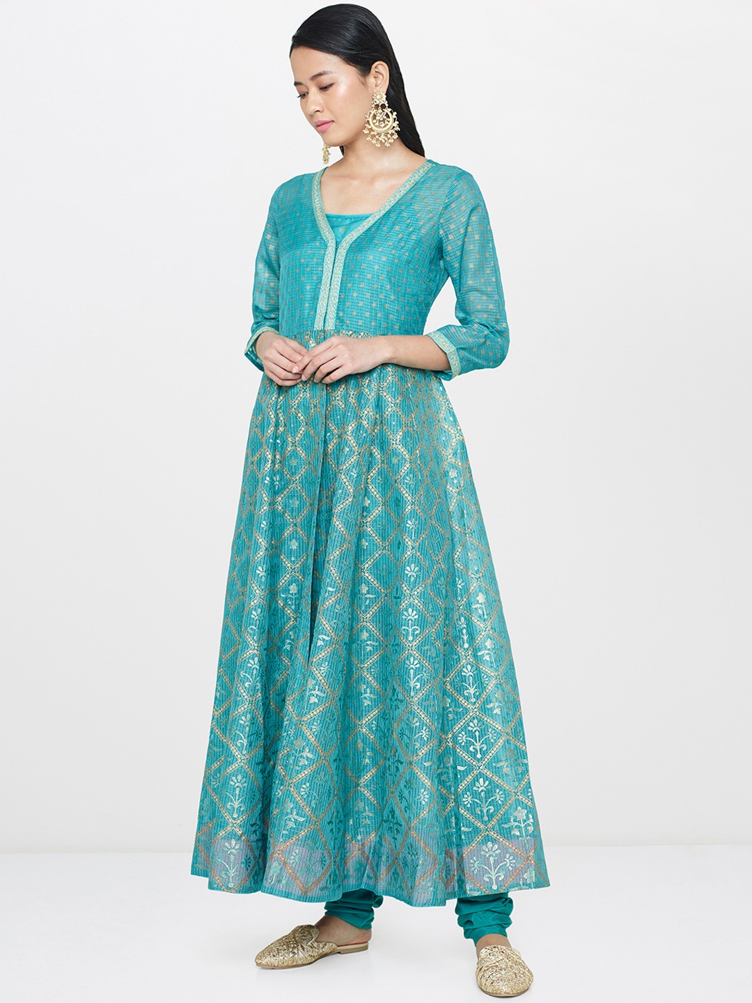 

Global Desi Women Sea Green Printed Kurta with Churidar