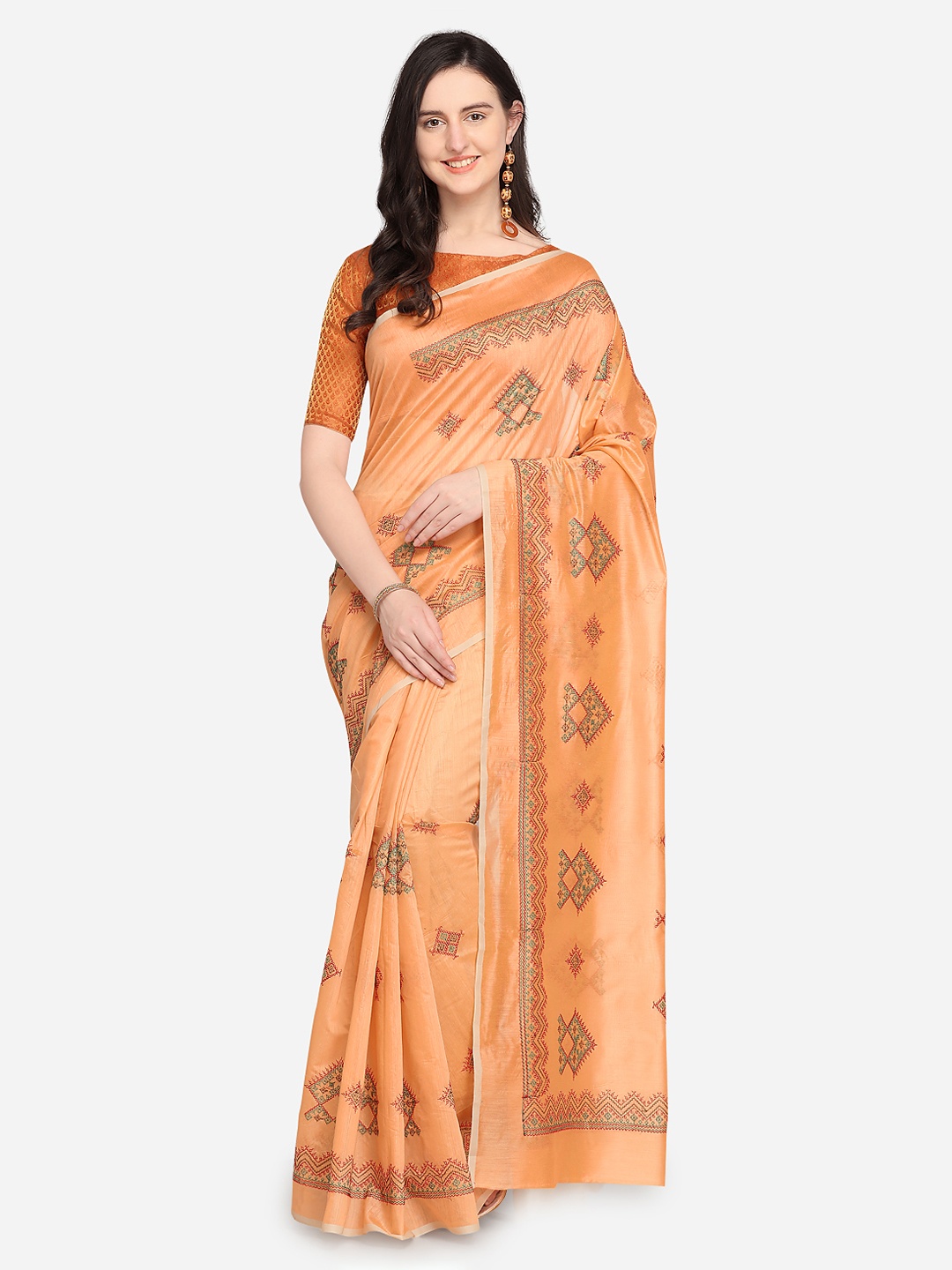 

Kvsfab Peach-Coloured Embroidered Saree