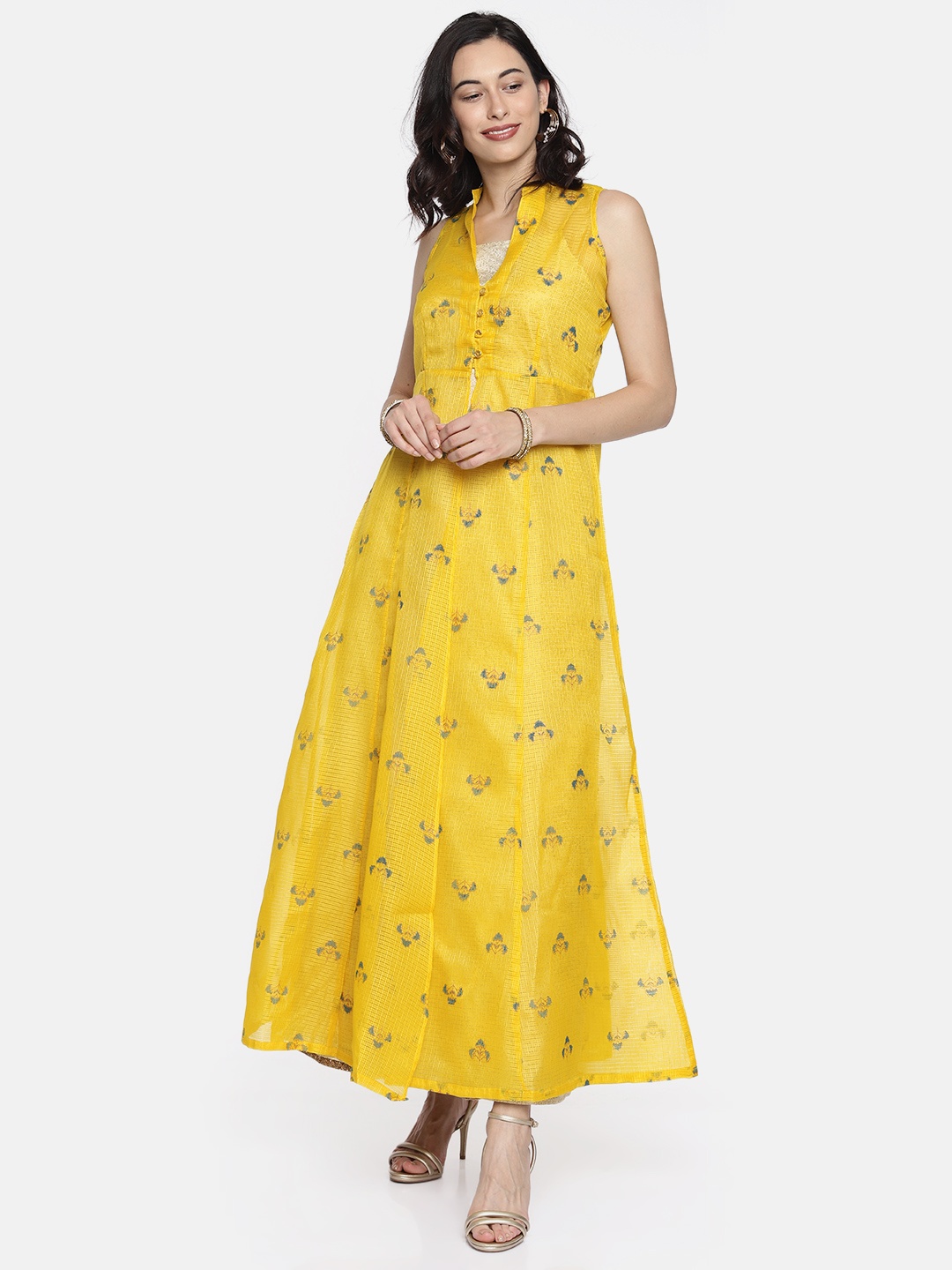 

Global Desi Women Yellow Printed A-Line Kurta Dress