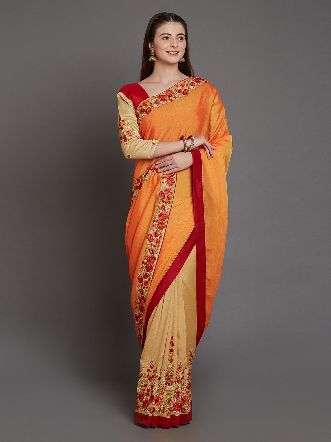 

Mitera Orange & Beige Embroidered Saree