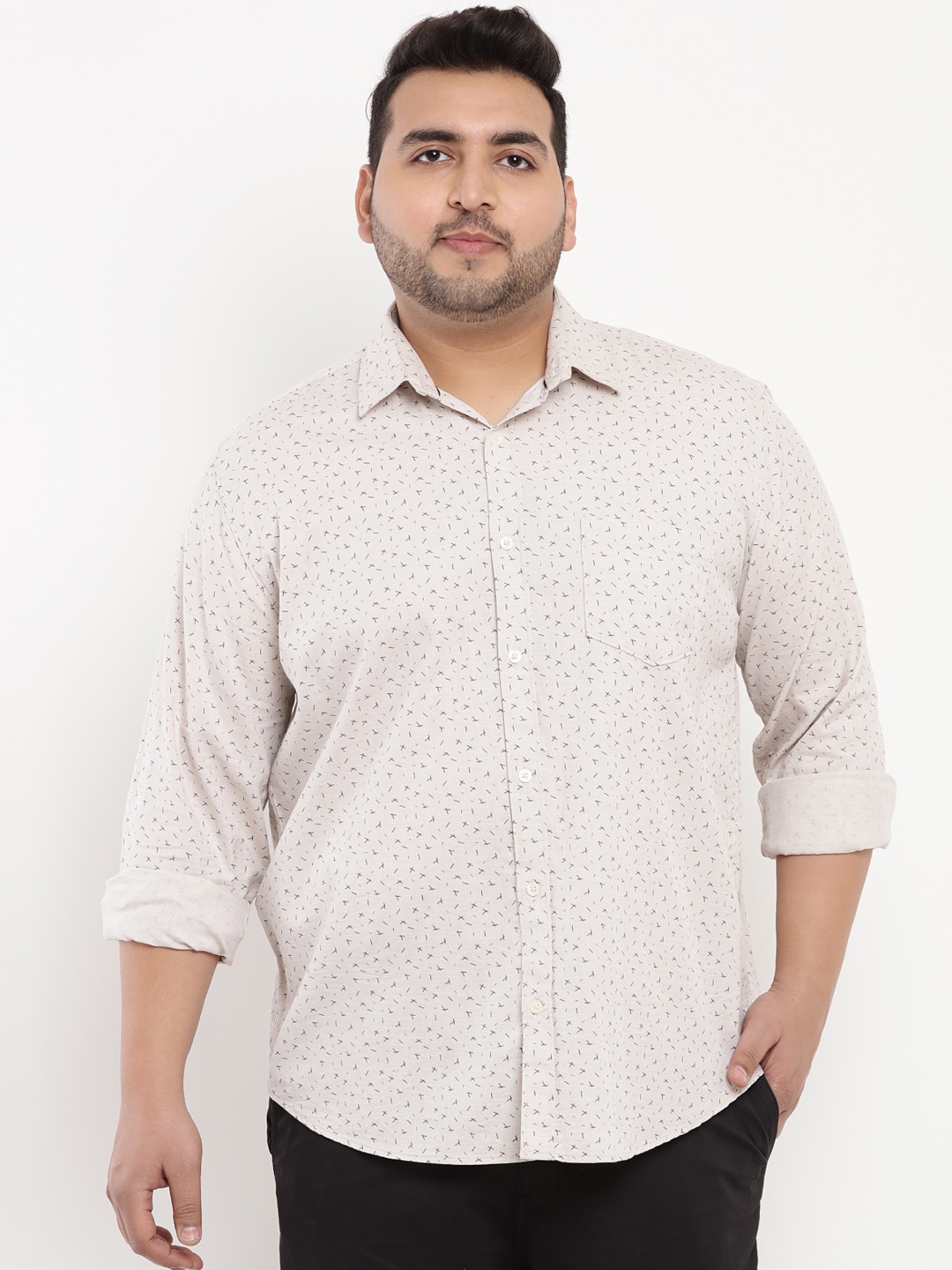 

John Pride Plus Size Men Cream-Coloured Regular Fit Printed Casual Shirt