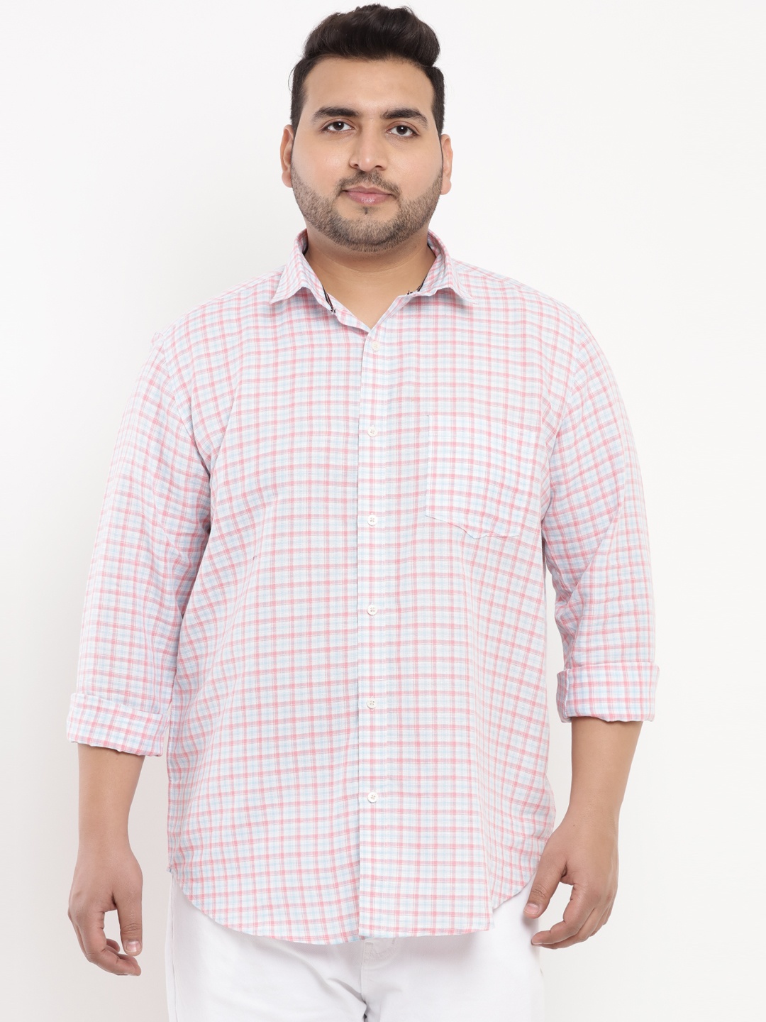 

John Pride Plus Size Men Pink Regular Fit Checked Linen Casual Shirt