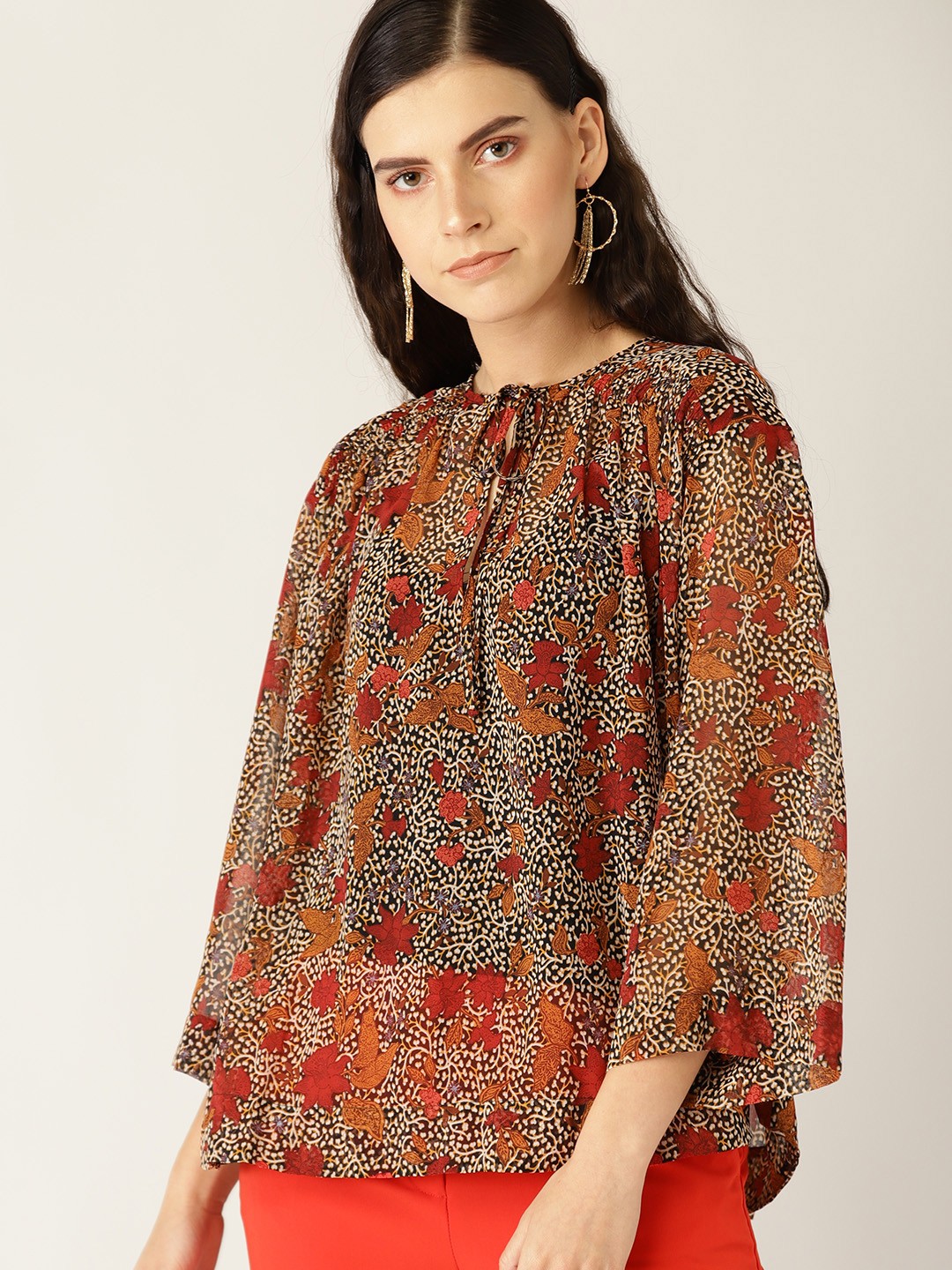 

MANGO Women Brown & Red Printed A-Line Top