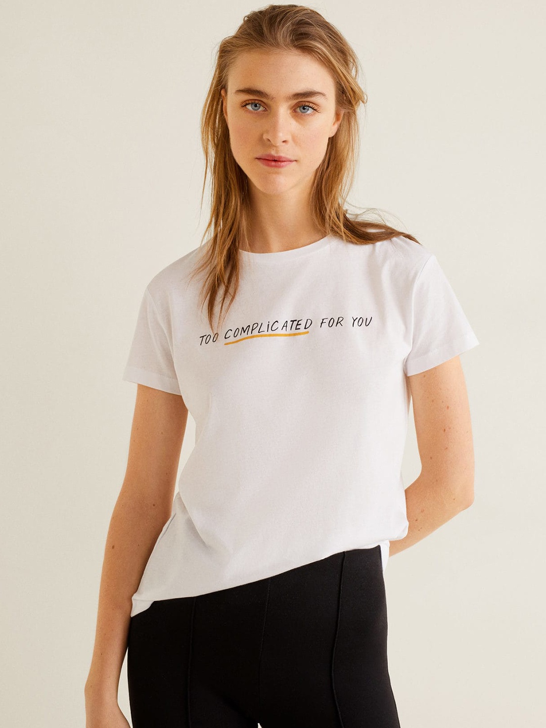 

MANGO Women White Solid Round Neck T-shirt