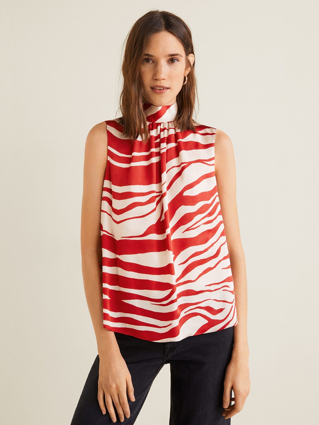 

MANGO Women Off-White & Red Printed A-Line Top