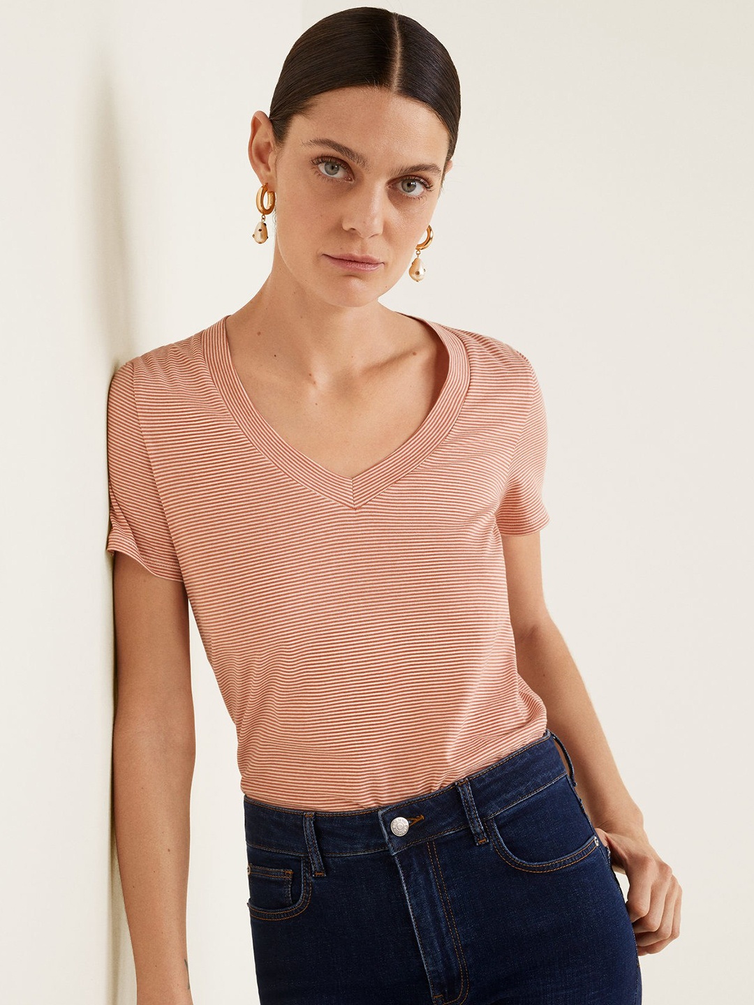 

MANGO Women Peach-Coloured & White Striped V-Neck T-shirt