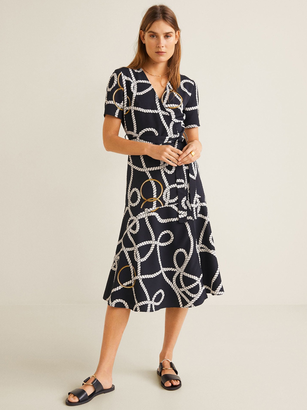

MANGO Women Black & White Printed Wrap Dress