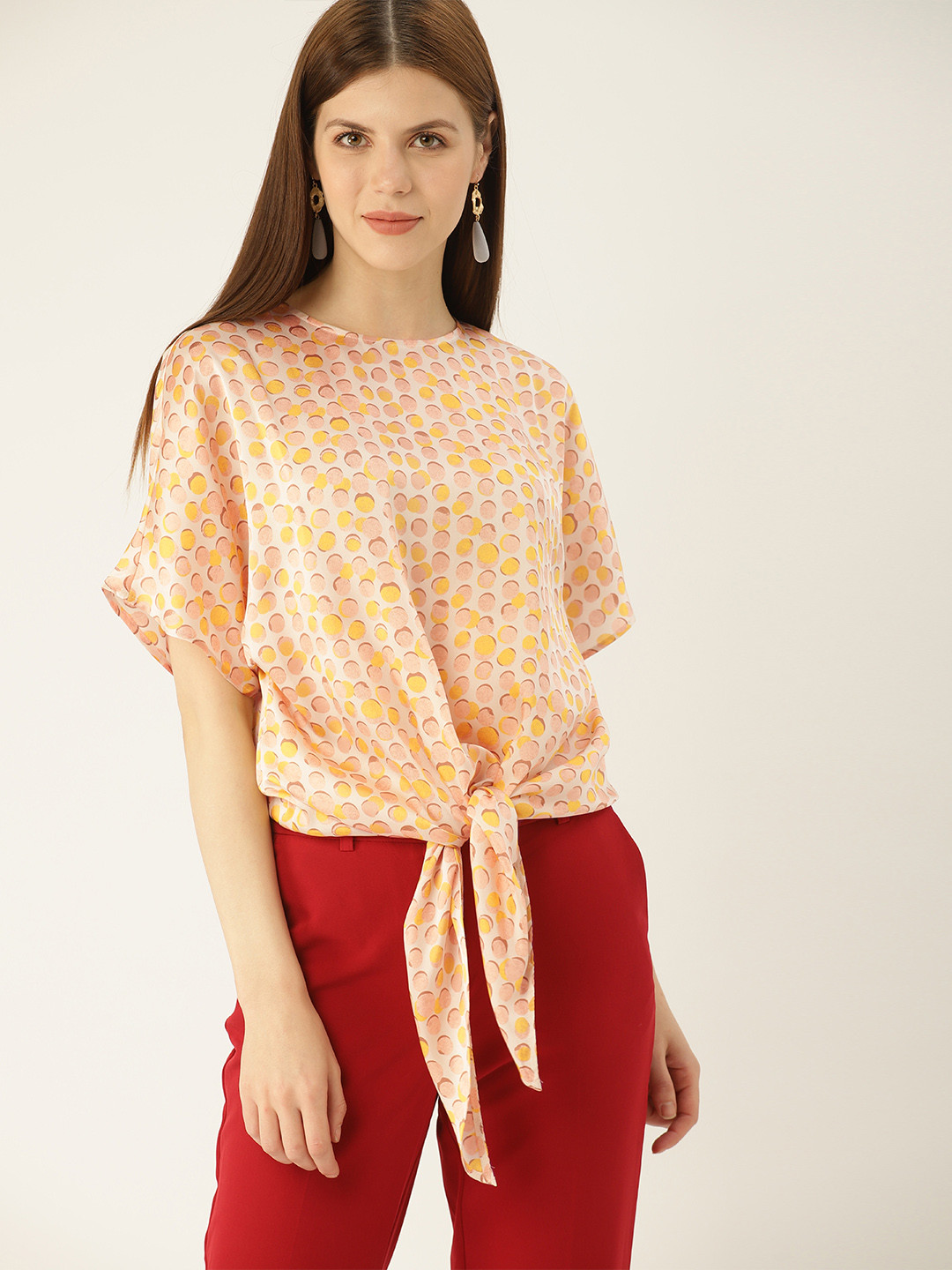 

MANGO Women Off-White and Yellow Printed Cinched Waist Top