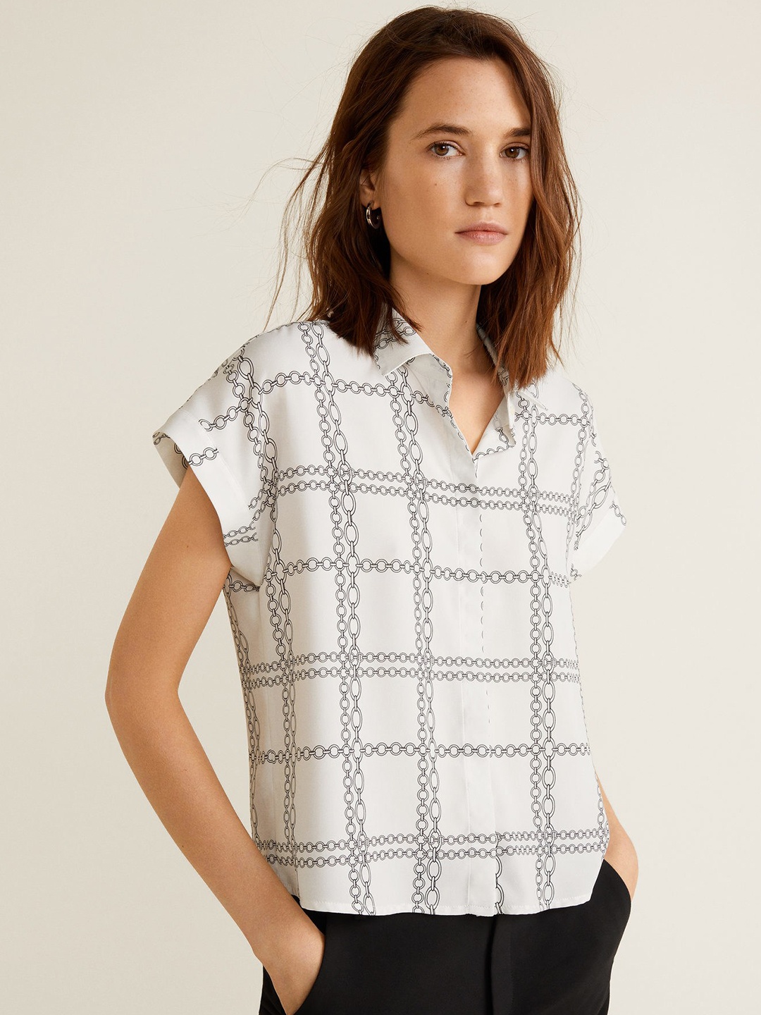 

MANGO Women White & Black Regular Fit Printed Casual Shirt