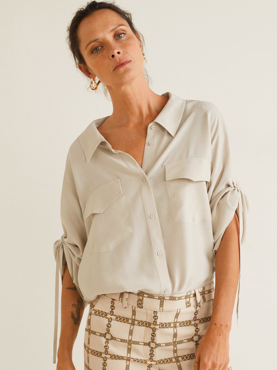 

MANGO Women Beige Regular Fit Solid Casual Shirt