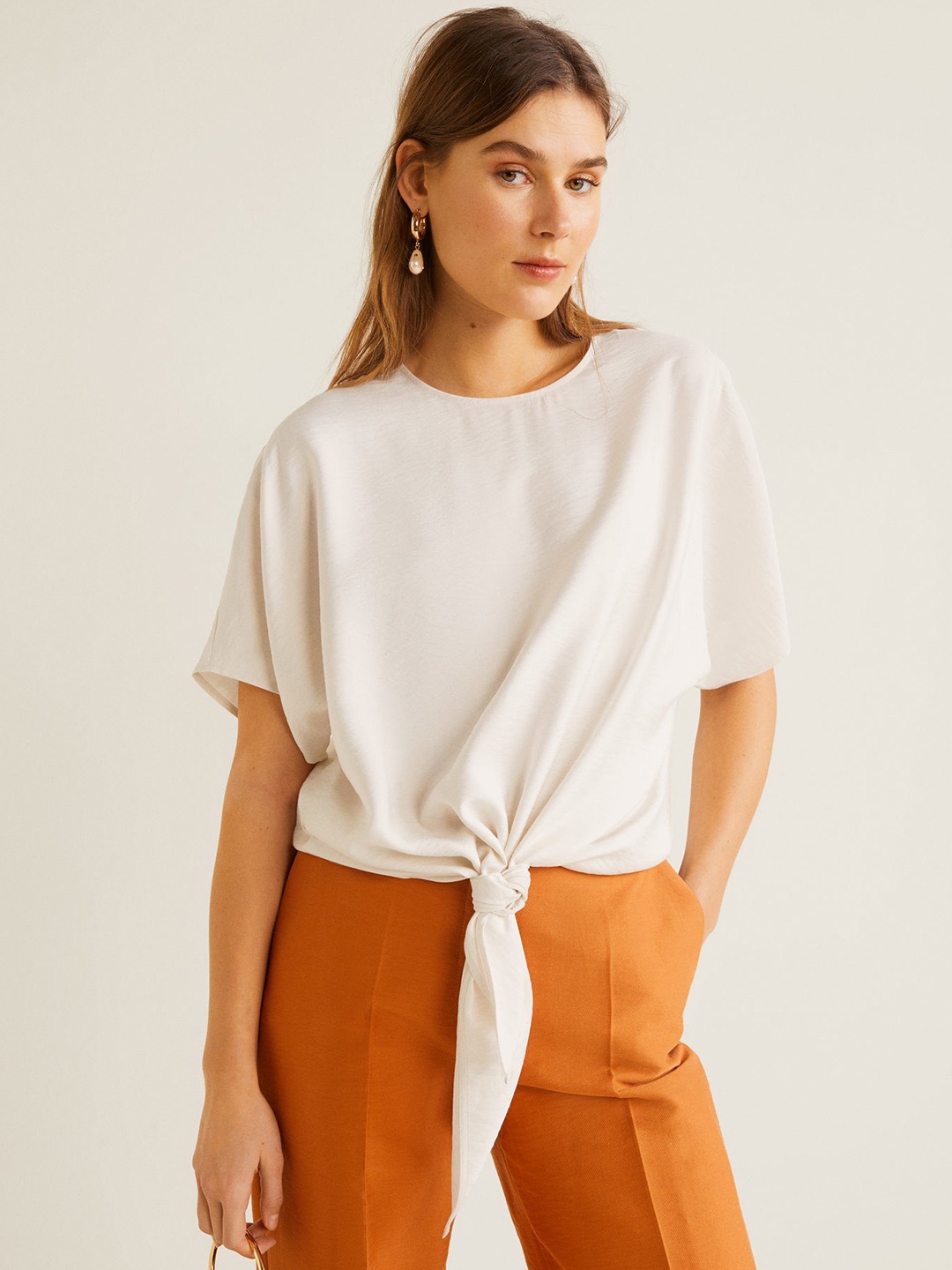 

MANGO Women Off-White Solid Boxy Top with Front Tie-Up