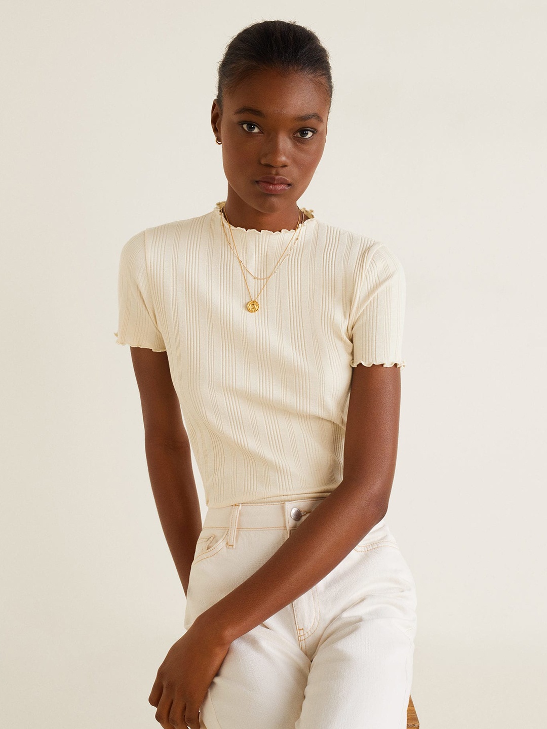 

MANGO Women Cream-Coloured Self-Striped Top, Beige