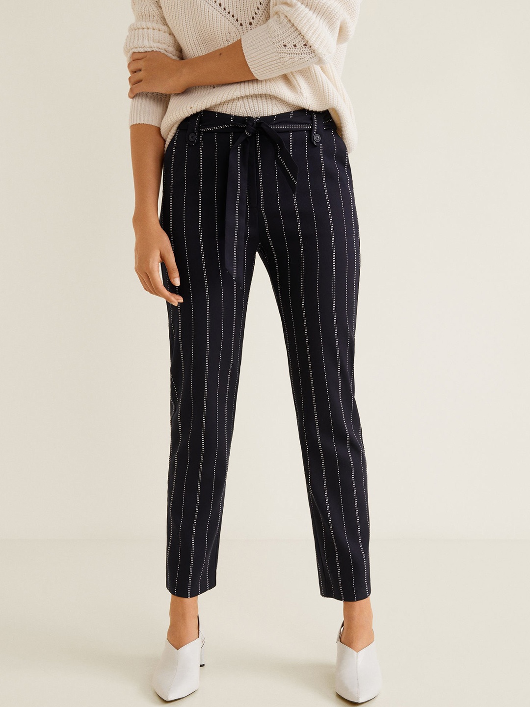 

MANGO Women Navy Blue & White Regular Fit Striped Cropped Trousers