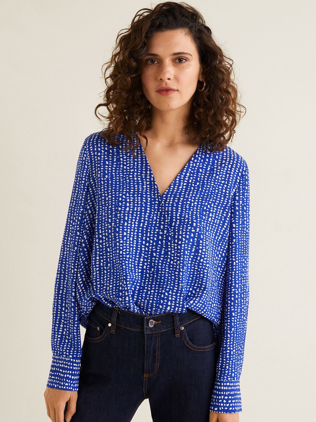 

MANGO Women Blue & White Printed Wrap Top