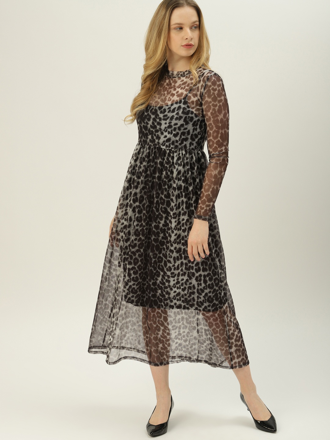 

MANGO Women Charcoal Grey & Off-White Animal Print Net Semi-Sheer Maxi Dress