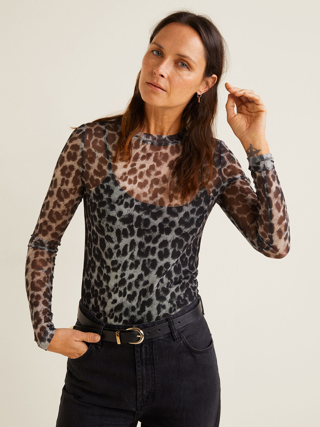 

MANGO Women Charcoal Grey & Off-White Sheer Animal Print Net Top