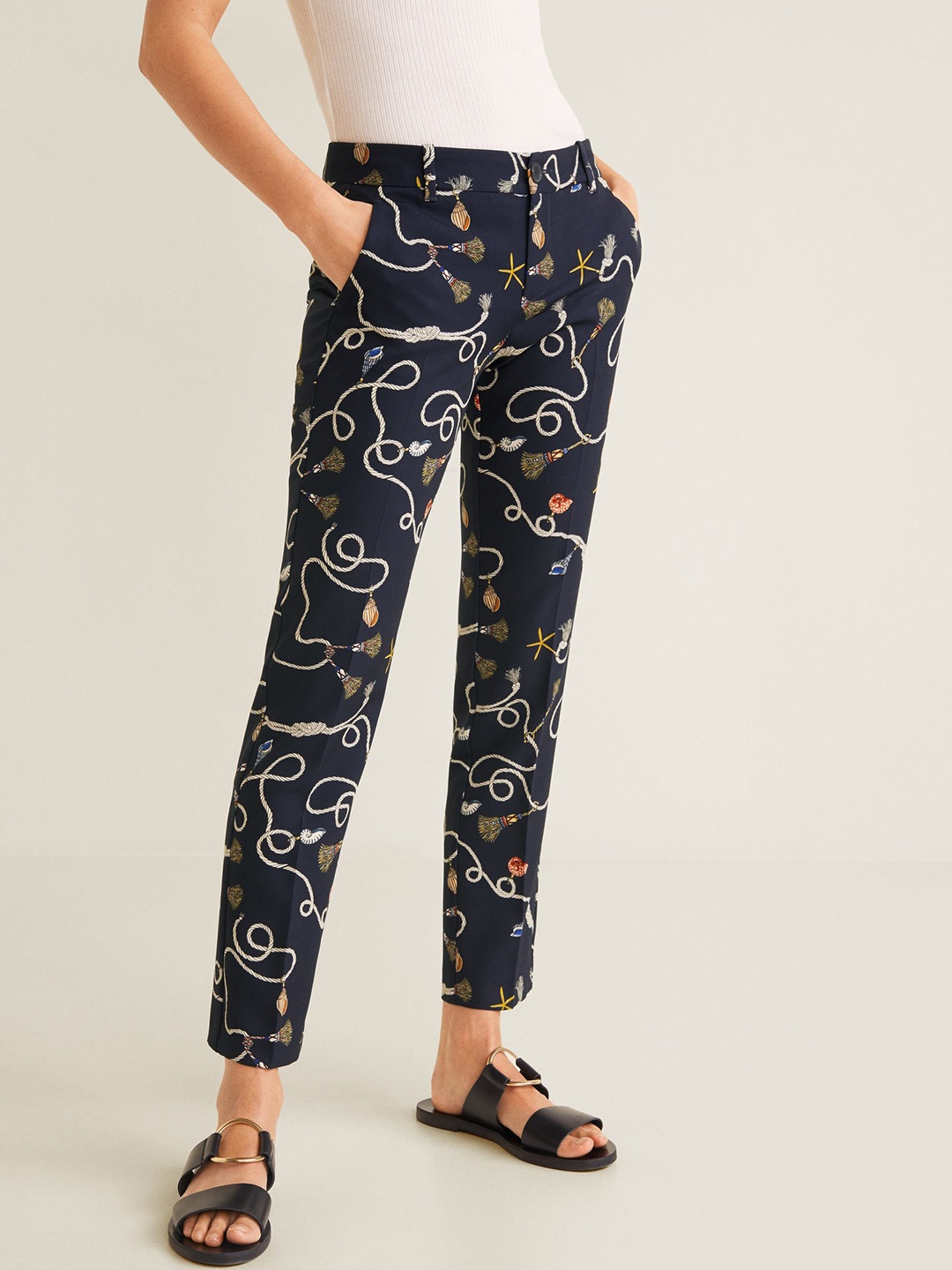 

MANGO Women Navy Blue & Off-White Regular Fit Printed Cropped Trousers