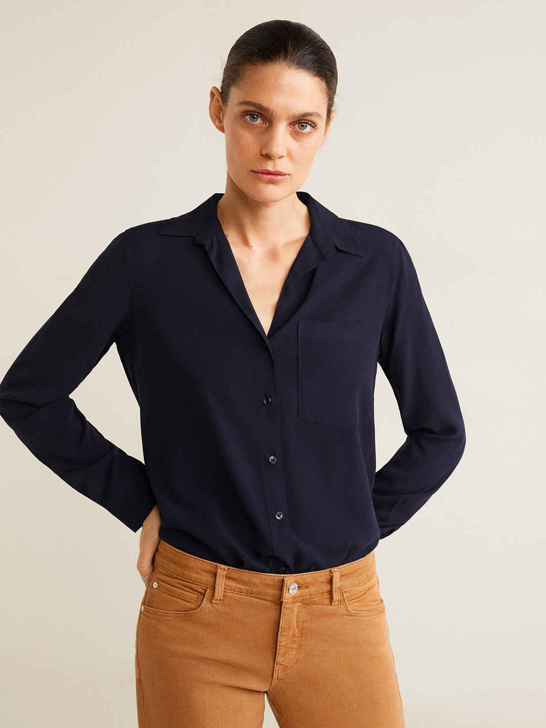 

MANGO Women Navy Blue Regular Fit Solid Casual Shirt