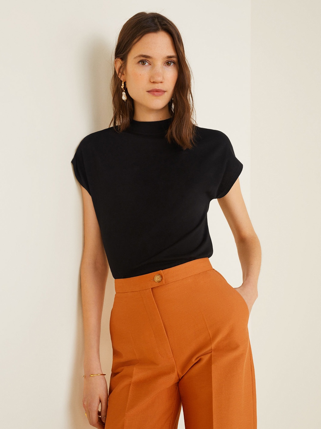 

MANGO Women Black Solid High Neck T-shirt