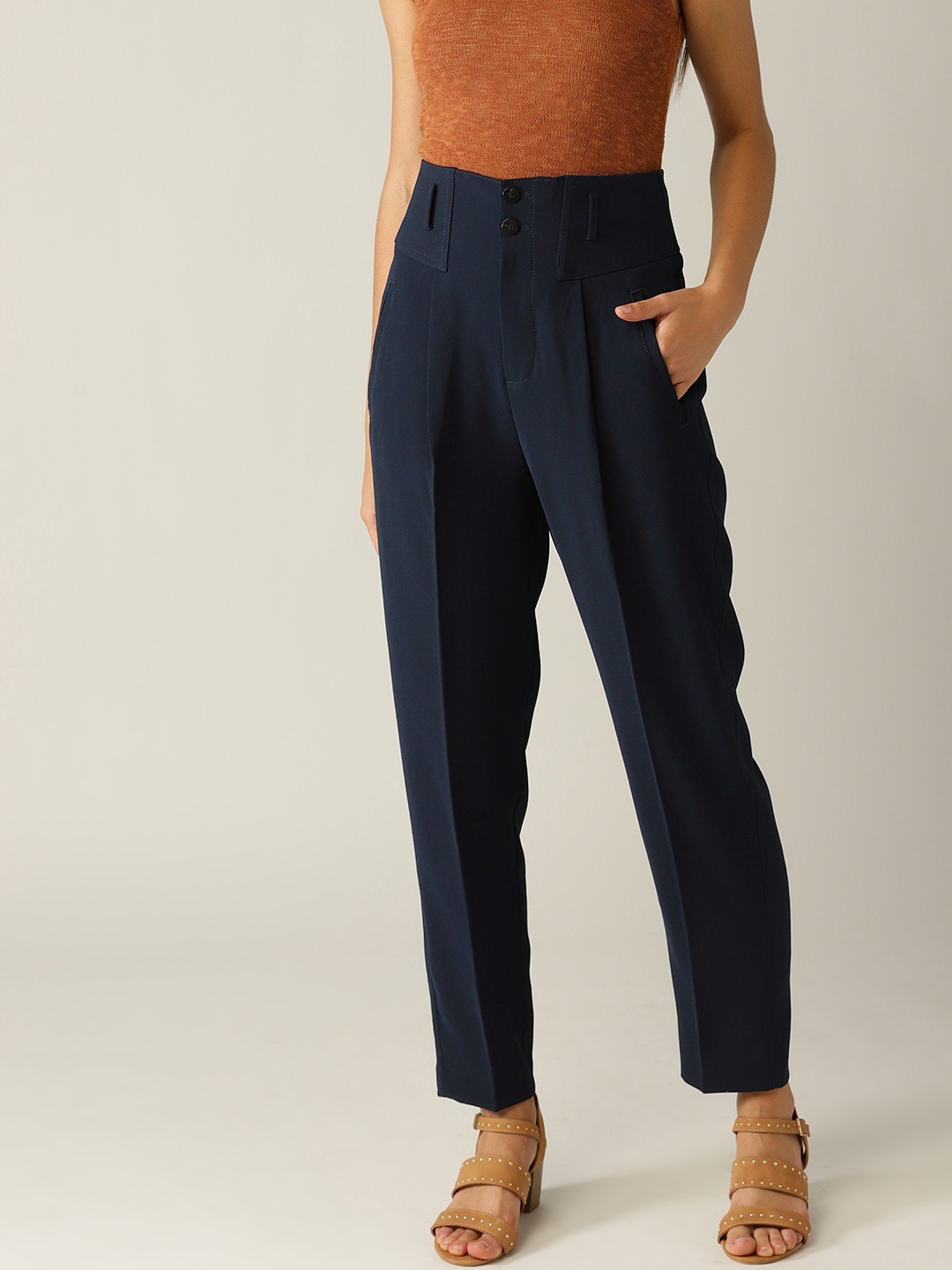

MANGO Women Navy Blue Regular Fit Solid Trousers