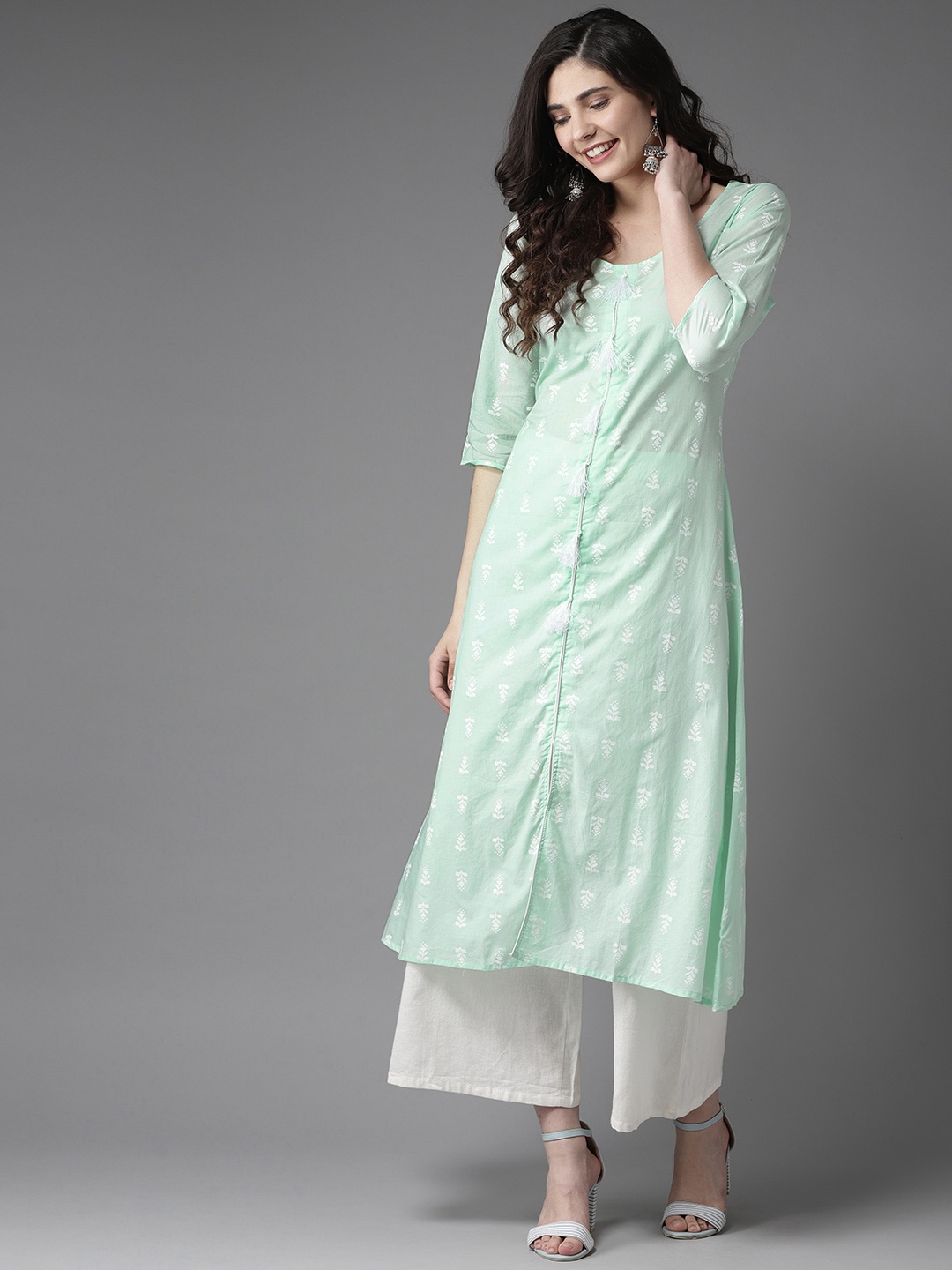 

HERE&NOW Women Sea Green & White Printed A-Line Kurta