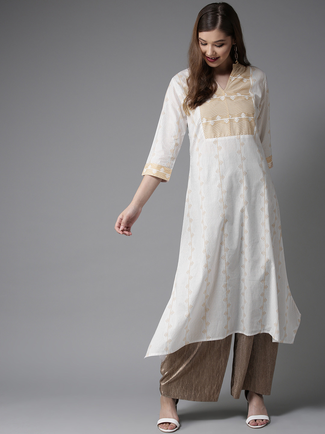 

HERE&NOW Women White & Beige Printed Asymmetric A-Line Kurta