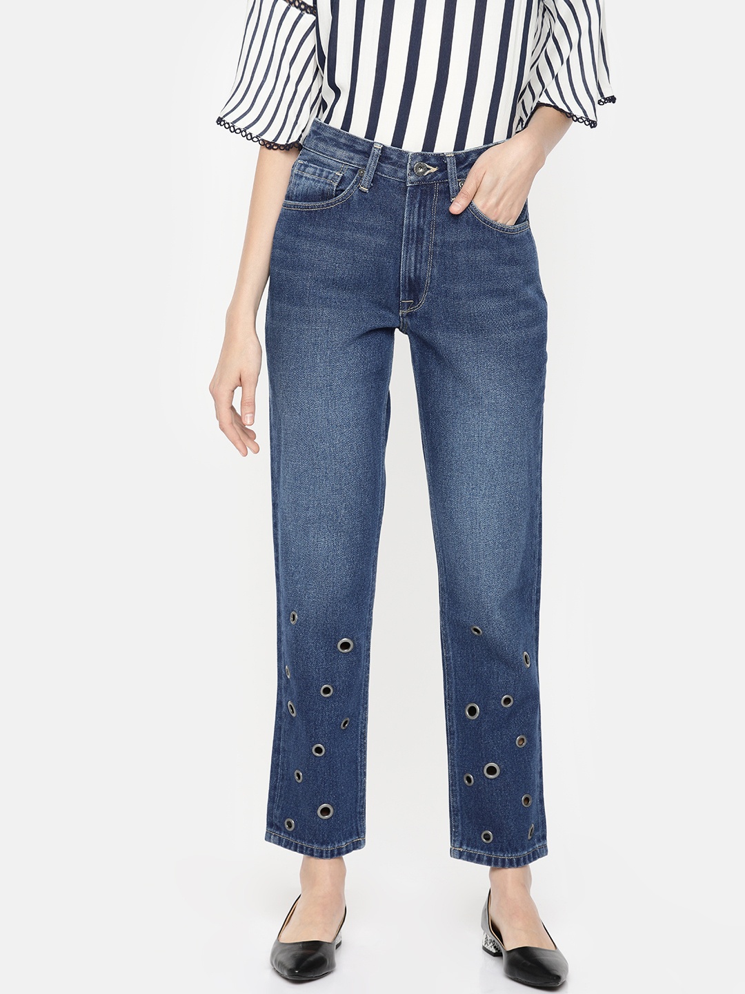 

Pepe Jeans Women Blue Riva Straight Fit Mid-Rise Clean Look Jeans