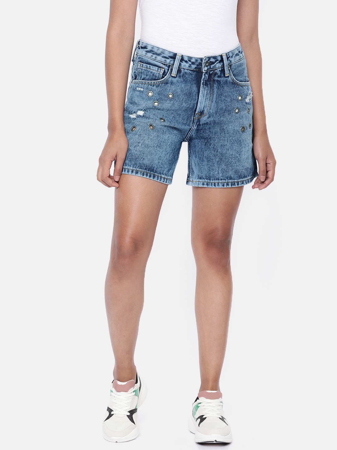 

Pepe Jeans Women Blue Washed Kesha Regular Fit Denim Shorts