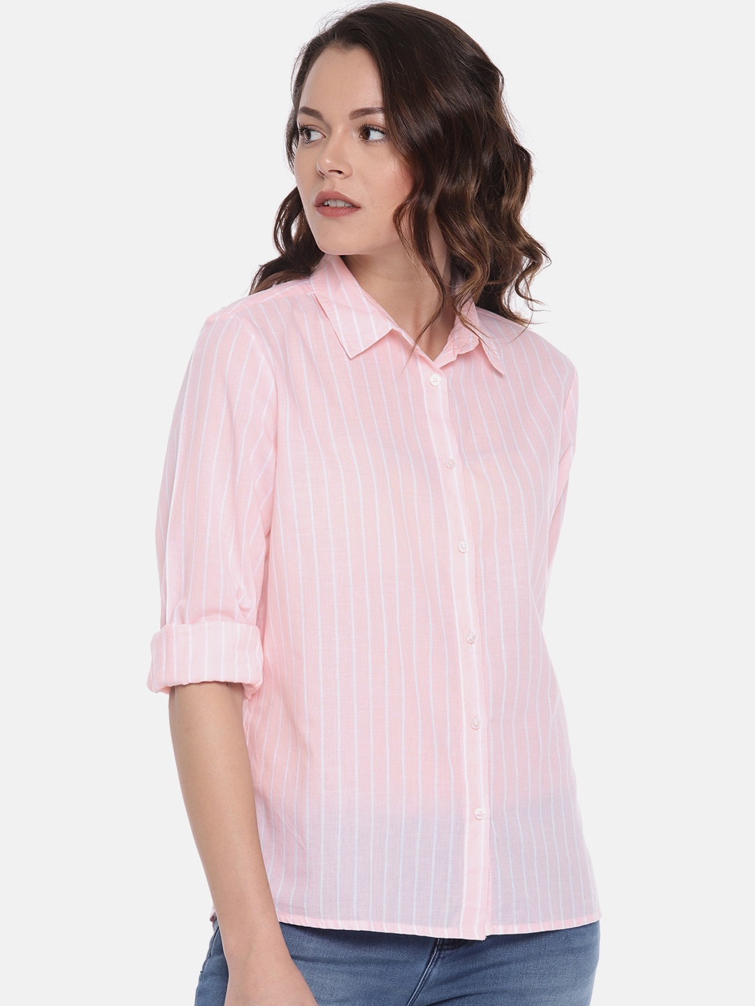 

Pepe Jeans Women Pink & White Regular Fit Striped Casual Shirt