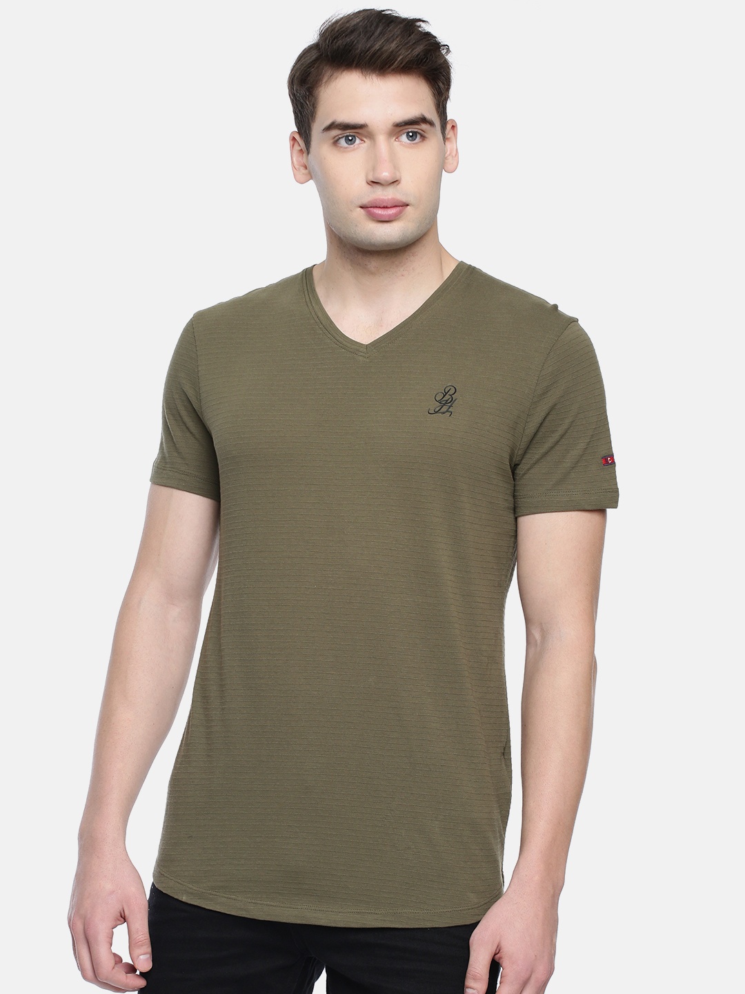 

Being Human Men Olive Green Solid V-Neck T-shirt
