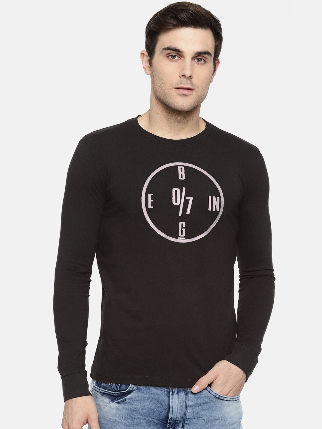 

Being Human Men Black Printed Round Neck Long Sleeve Pure Cotton T-shirt