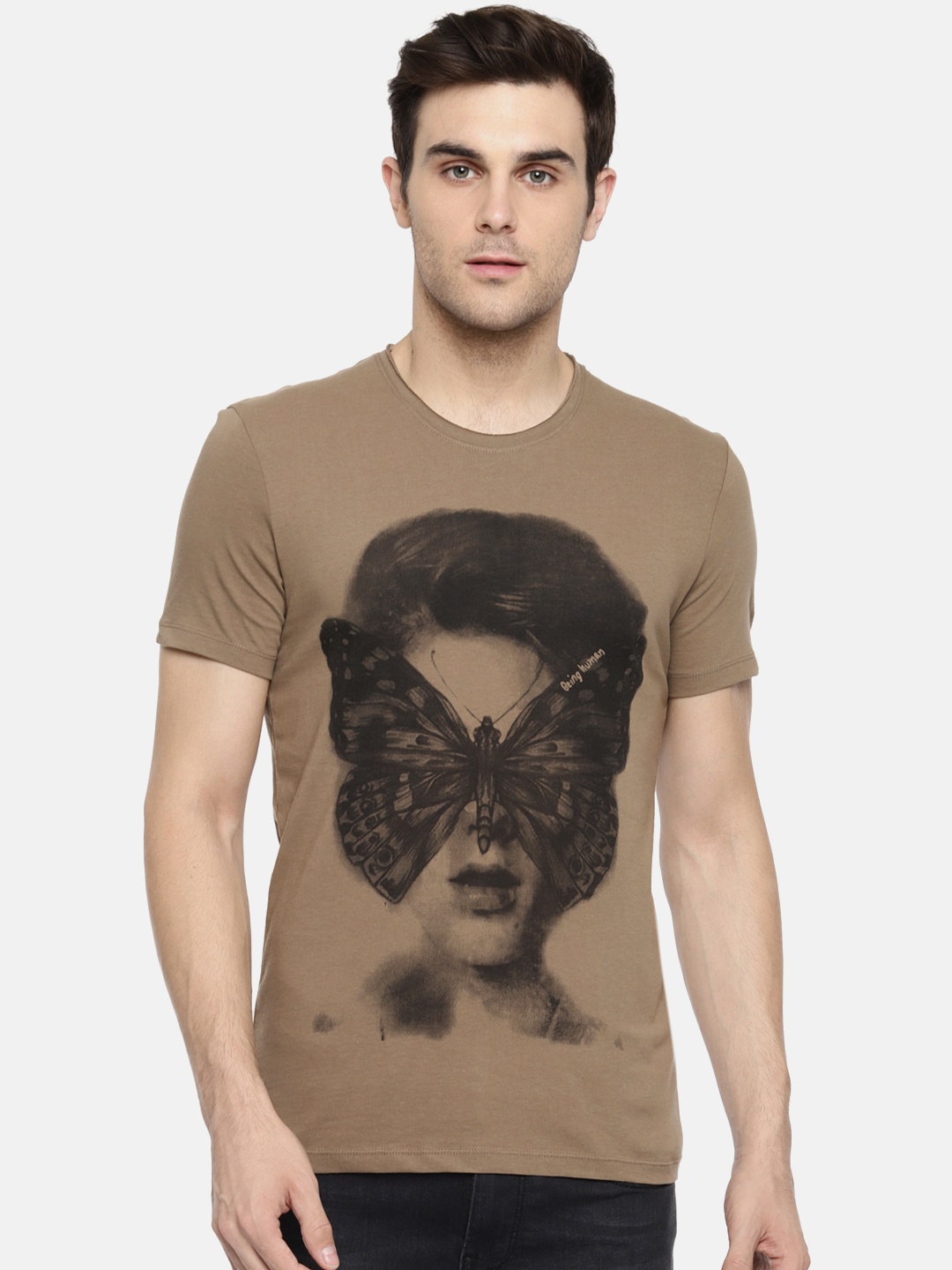 

Being Human Clothing Men Brown Printed Round Neck Pure Cotton T-shirt