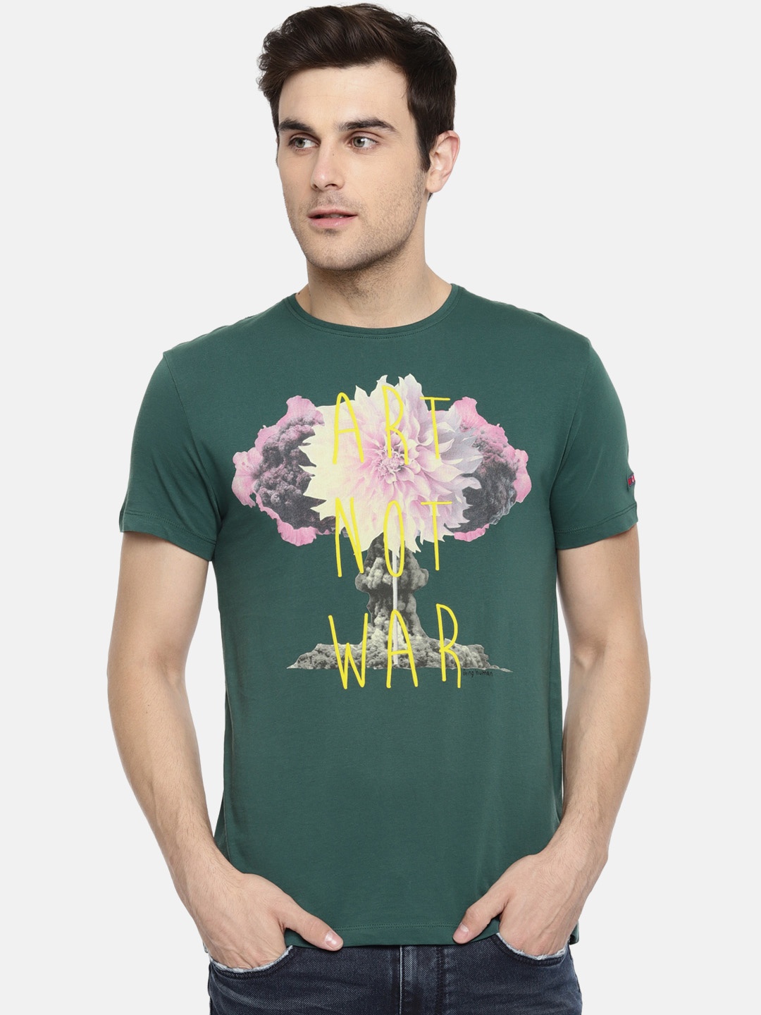 

Being Human Clothing Men Green Printed Round Neck Pure Cotton T-shirt