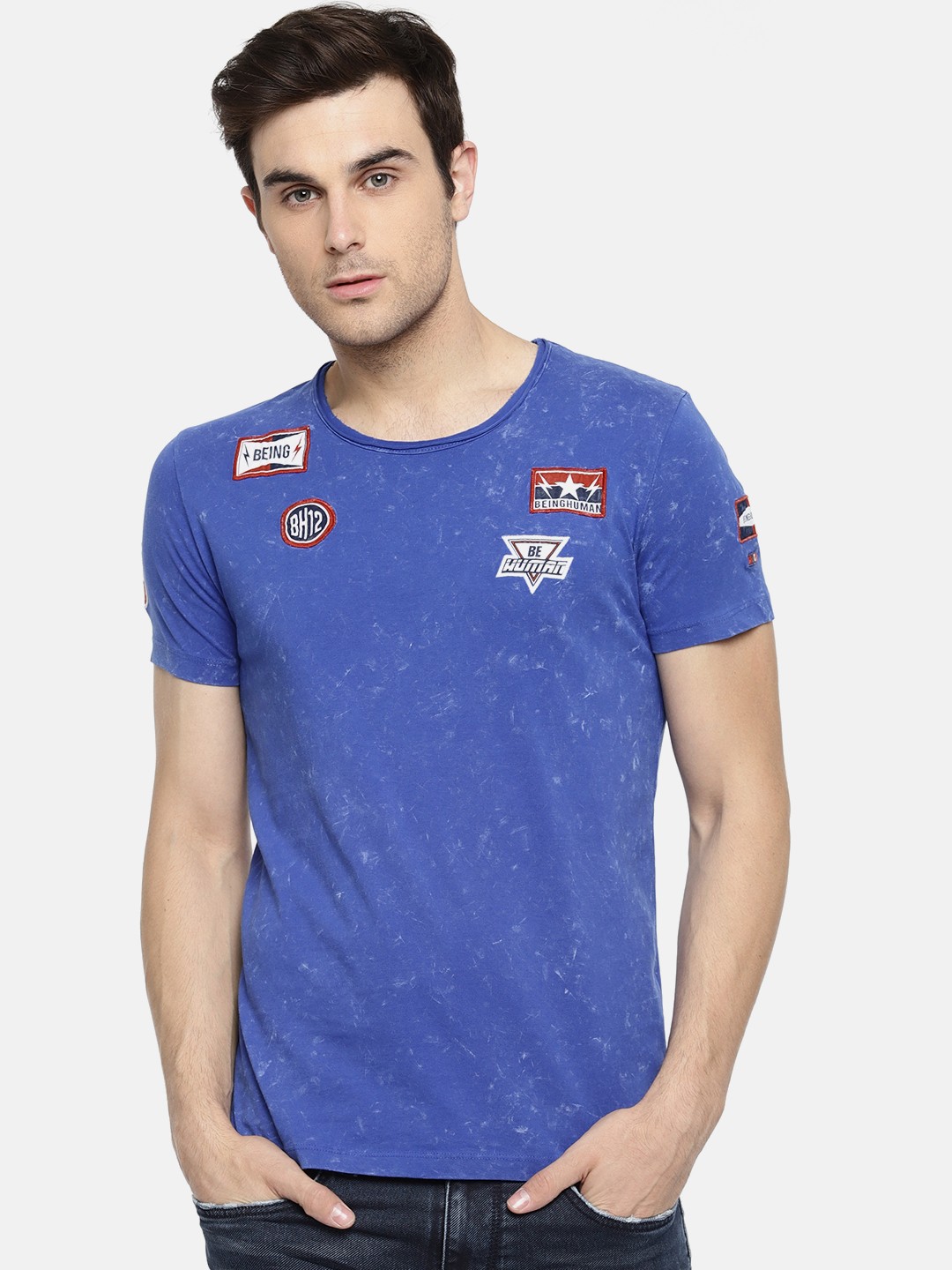 

Being Human Clothing Men Blue Solid Round Neck Pure Cotton T-shirt